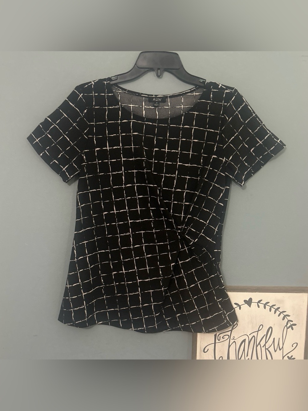 AUW Black with White Grid Pattern Short Sleeve Wrap-Style Top